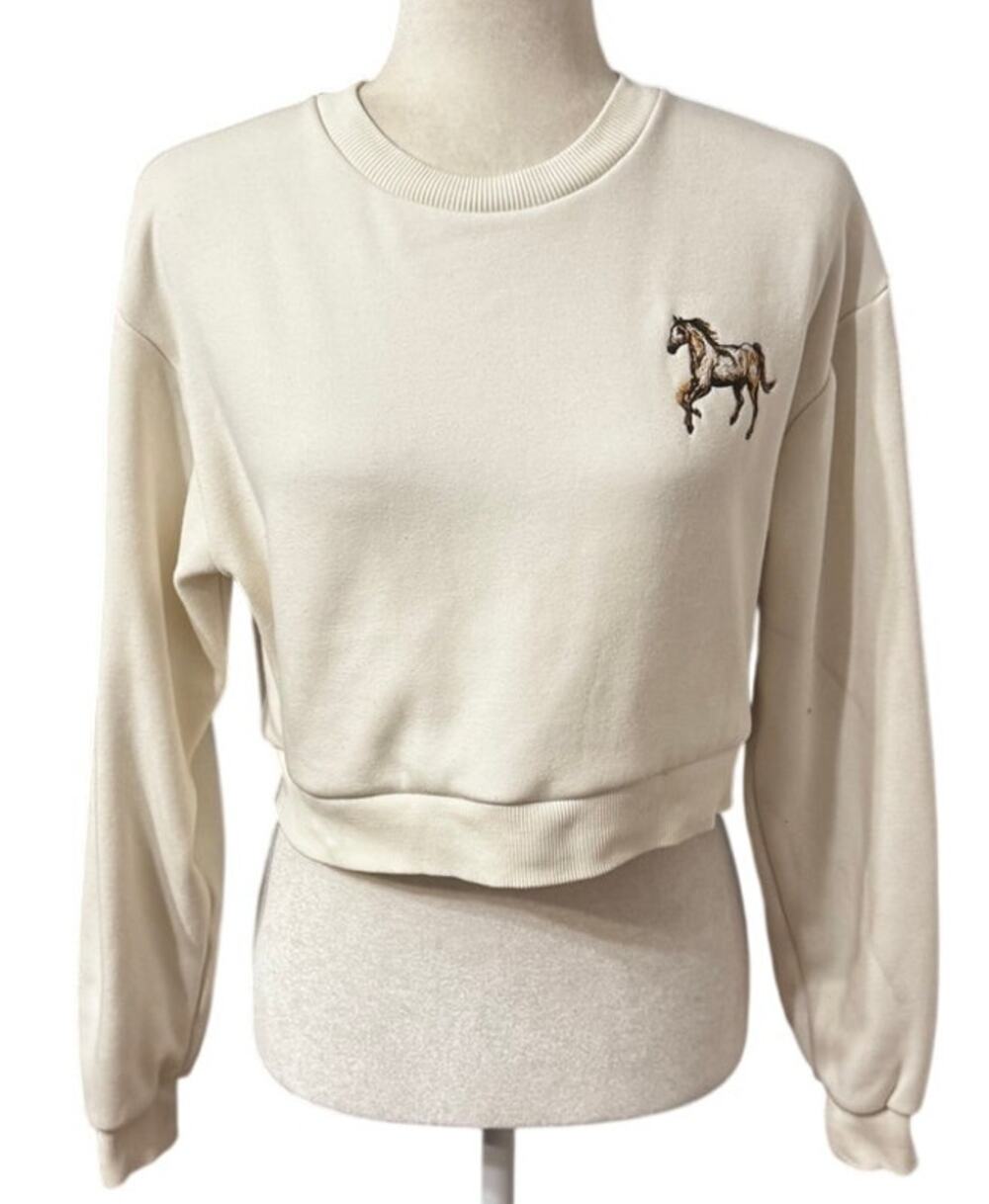 Aritzia Sunday Best Cropped Crewneck Sweatshirt, Ivory Horse Embroidery, Size XS